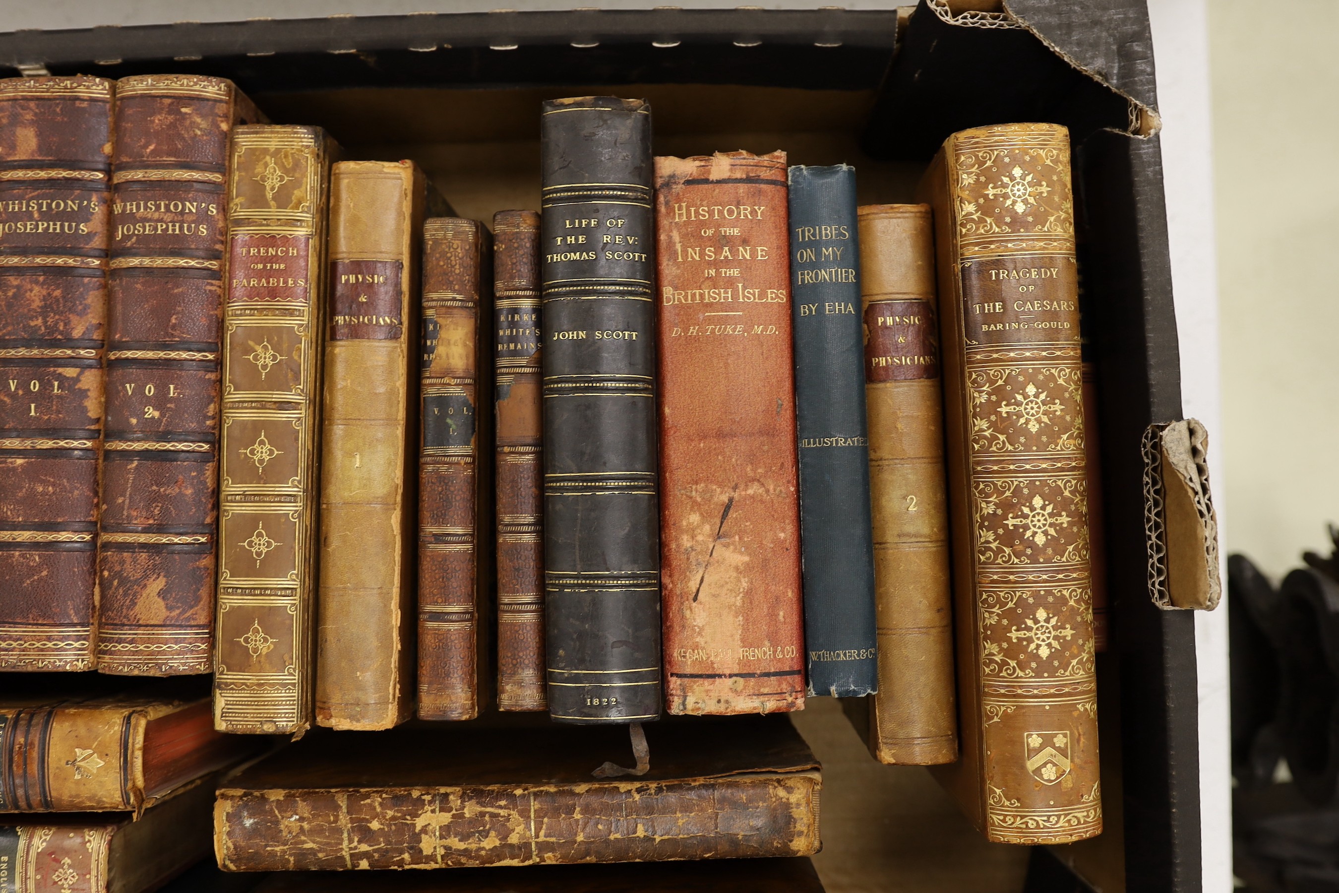 A box of assorted bindings including Denham- Travels and Discoveries in Africa 1826 (2 volumes)